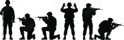 Military Soldier Silhouette Set with Armed Combat Poses for Security, Defense, Warfare, Tactical Training, and Strategic Operations Illustrations