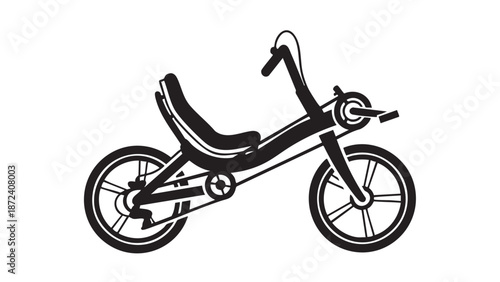 A black and white illustration of a child's tricycle viewed from the side.