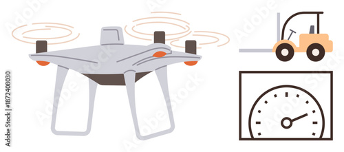 Logistics, automation, shipping, speed management, industrial tools, technological advancements. A quadcopter, forklift and speedometer icon illustrated. Automation and logistics conceptual design