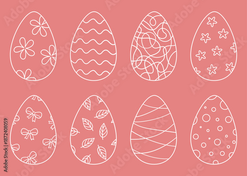 Vector set of cute Easter eggs with white outline ornaments. Hand drawn doodle spring holiday decoration on pink background.