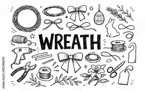 Hand-drawn collection of wreath making supplies and decorative elements