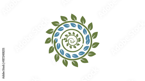 Circular logo with green leaves and blue accents on white background.
