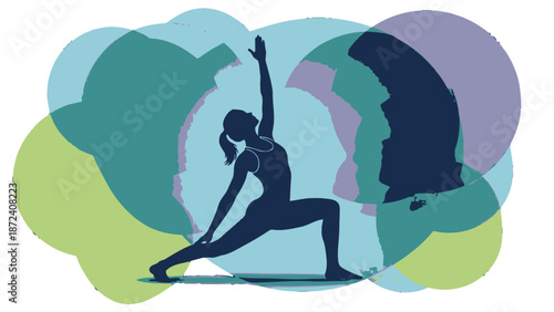 Woman practicing yoga in a serene environment with abstract shapes.
