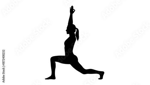 Woman in a yoga pose, silhouette against a white background.