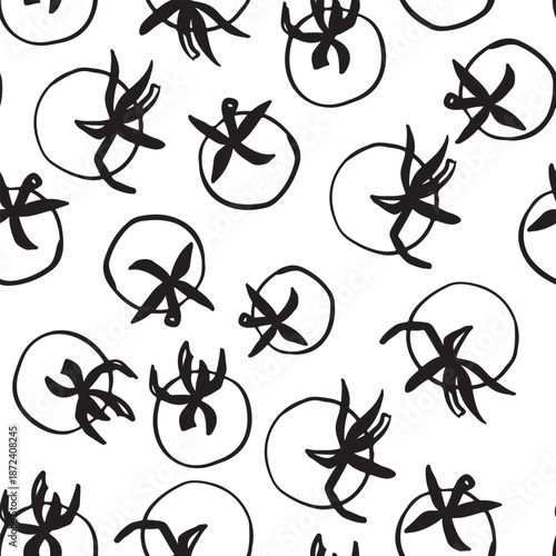 A seamless pattern featuring black hand-drawn tomatoes and star shapes on a white background. The design is simple and modern, suitable for various applications.