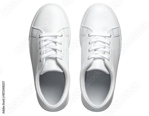 White Leather Casual Shoes, Overhead Top View, Clean Product Shot, Isolated on Transparent Background
