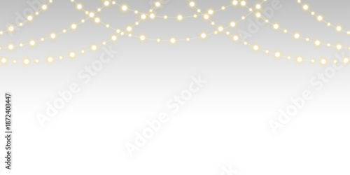 Realistic warm glowing string lights, Christmas fairy light garland overlay with warm golden white illumination for wedding festive event celebration on transparent PNG background