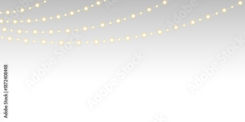Realistic warm glowing string lights or Christmas fairy light garland overlay with warm golden white illumination for wedding festive event celebration on PNG transparent background