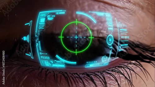 Human eye with futuristic digital interface overlay