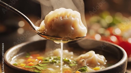 Steaming Dumpling in Spoon over Broth: Asian Comfort Food