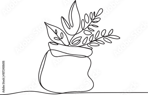 Continuous Line Art Illustration of Small Fabric Bag Spilling Leaves