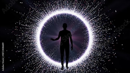 Human silhouette standing inside glowing energy circle