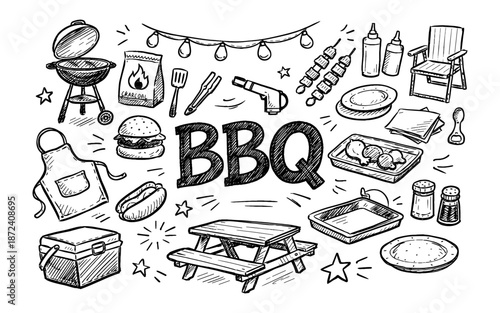 Hand-drawn collection of BBQ party essentials and food items in a doodle style