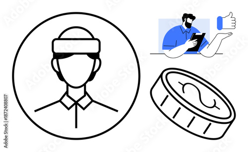 Virtual reality, digital payments, user feedback, online services, advanced technology, futuristic concepts. A person in VR headset, a coin and a user giving thumbs up. Virtual reality and digital
