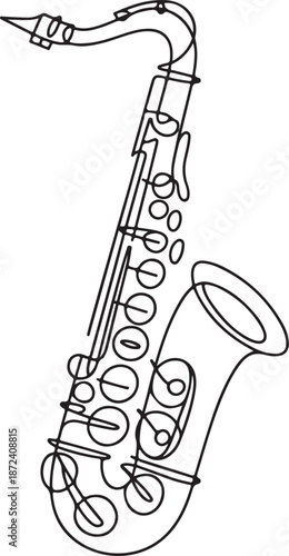Continuous Line Art Illustration of Curved Saxophone with Keys Indicated