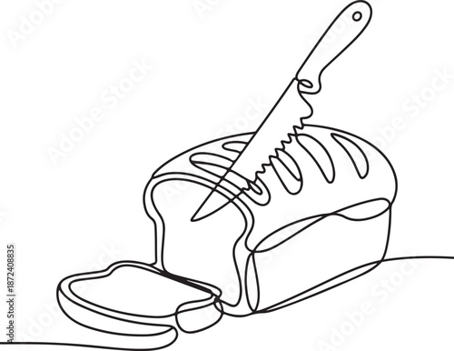 Continuous Line Art Illustration of Loaf of Bread with Bread Knife Cutting a Slice