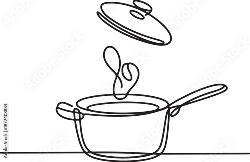 Continuous Line Art Illustration of Cooking Pot with Lid Slightly Tilted and Steam Coming Out