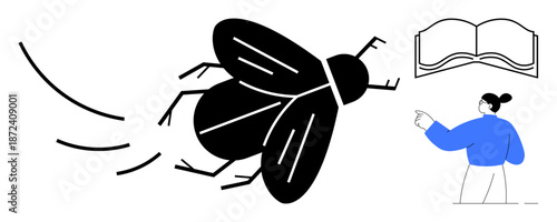 Education, curiosity, nature observation, storytelling, entomology, insect classification. A bold graphic fly, a person pointing and an open book. Education and curiosity concepts