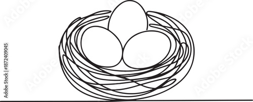 Continuous Line Art Illustration of Round Nest Holding Three Eggs in Minimal Calm Setup