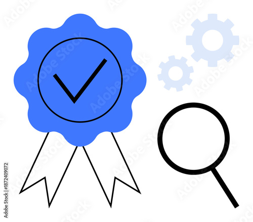 Blue ribbon badge with a check mark, magnifying glass, and gears symbolizing quality assurance, thorough evaluation, and operational precision. Ideal for certification, reliability, process