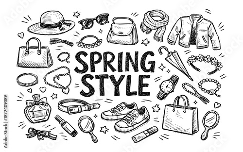Hand-drawn collection of spring fashion accessories and clothing items
