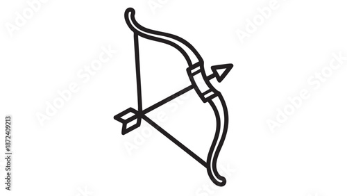A simple line drawing of a bow and arrow on a white background