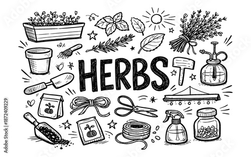 Doodle illustration of gardening tools and herbs for planting and growing indoors