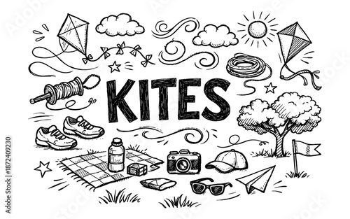 Doodle illustration of kites and summer picnic items on a white background