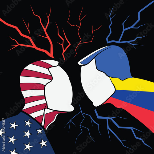 Vector illustration showing two opposing human painted in national flag colors colliding with electric energy and lightning. Symbolic concept of  American and Venezuelan Political economic Post Design