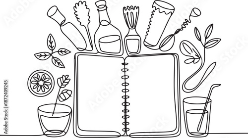 Continuous Line Art Illustration of Open Notebook Surrounded by Bar Tools and Ingredients