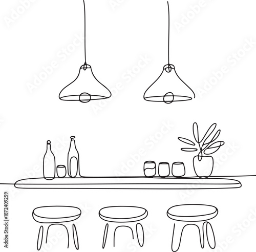 Continuous Line Art Illustration of Modern Pendant Lamps Over Minimalist Bar Counter