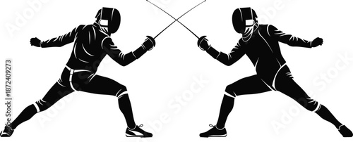 Fencing Duel Silhouette Vector Set with Two Sword Fighters in Action Poses for Sports Posters, Training Graphics, Competition Branding, and Martial Arts Designs