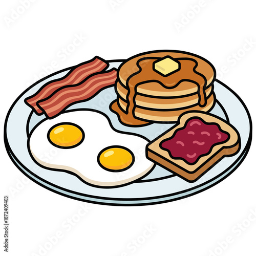 Delicious breakfast plate with pancakes, eggs, bacon, and toast. The plate is filled with a variety of classic breakfast foods, including golden-brown pancakes drizzled with syrup.