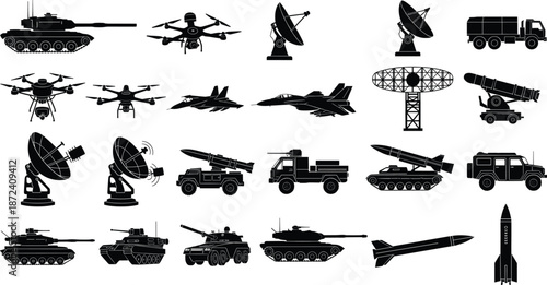 Military Vehicles and Weapons Silhouette Vector Set with Tanks, Drones, Aircraft, Missiles, Radar Systems, and Defense Equipment Icons for Security Designs