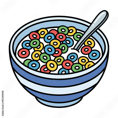 A Colorful bowl of cereal with milk and a spoon, ready for breakfast