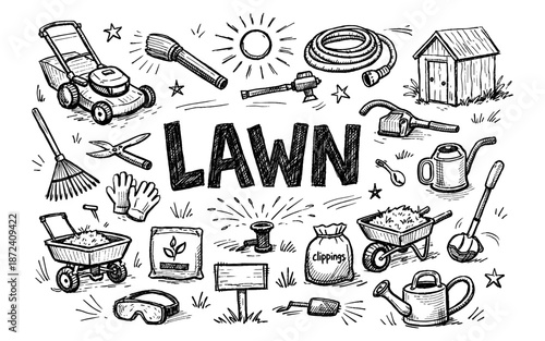 Doodle illustration of various lawn care tools and supplies with the word LAWN