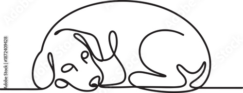 Continuous Line Art Illustration of Curled-Up Sleeping Dog in Calm Minimal Mood