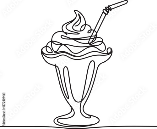 Continuous Line Art Illustration of Sundae Glass Topped with Whipped Cream and Straw