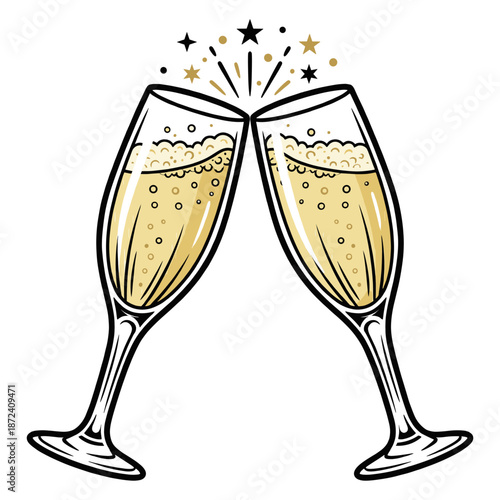 Two champagne glasses clinking in a celebratory toast with golden bubbles