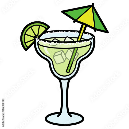 A refreshing margarita cocktail, with lime and decorative umbrella, perfect for a relaxing time.