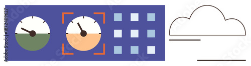 Data analytics, cloud computing, technology dashboards, digital management, performance tracking, efficiency tools. Two gauge dials, a data grid layout and a cloud outline. Cloud computing and data