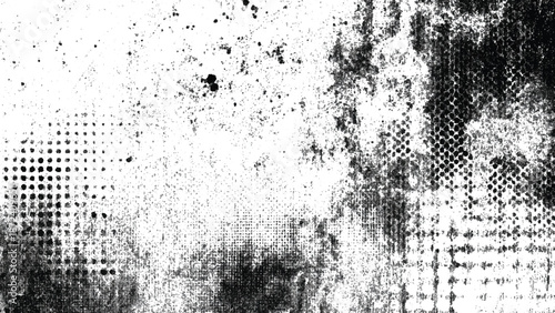 Grunge textured background with black spots and halftone dots on white surface abstract design element
