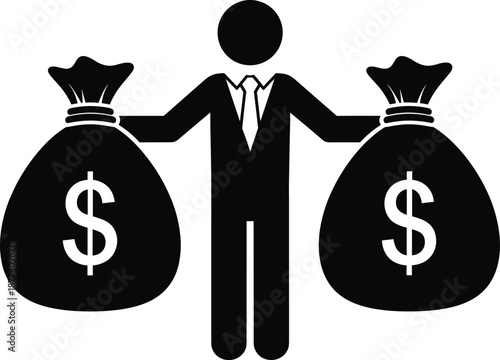 Businessman Holding Two Money Bags Icon Representing Wealth, Profit, Financial Success, Investment Growth, Income Management, and Business Finance Concept Vector Illustration
