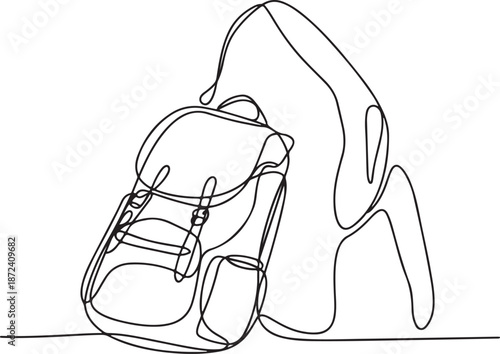Minimalist one line art illustrating a school backpack with an accompanying abstract shape, representing daily life and exploration