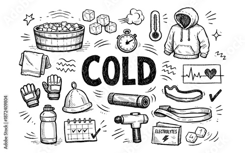Doodle illustration of cold therapy and recovery items for athletes and fitness enthusiasts