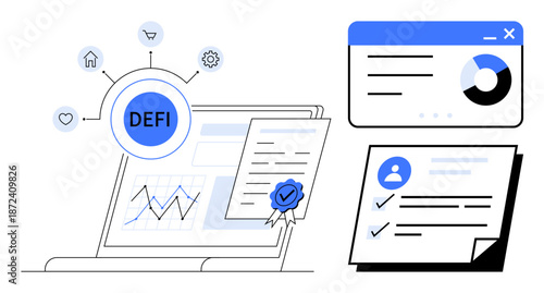 Laptop displaying financial charts, certificates, and digital dashboard. Connected icons illustrate Defi ecosystem. Ideal for blockchain, investment, technology, security, economy innovation simple