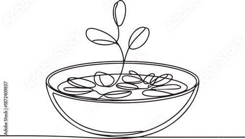 Continuous Line Art Illustration of Shallow Bowl Filled with Floating Petals in Calm Symmetry