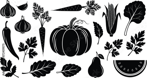 Vegetable and Leaf Silhouette Icon Set Featuring Pumpkin, Carrot, Corn, Chili, Garlic, Onion, Pear, Watermelon for Farm, Kitchen, and Organic Design Use