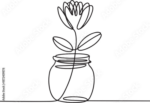 Continuous Line Art Illustration of Small Jar with Flower and Leaf Accent, Clean Balanced Layout