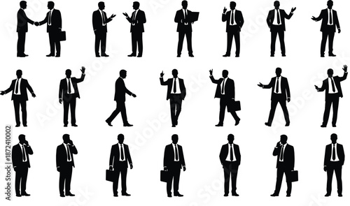 Business People Silhouette Vector Set Showing Professional Men Posing, Walking, Talking, Handshaking, and Presenting Gestures for Corporate and Office Design Projects